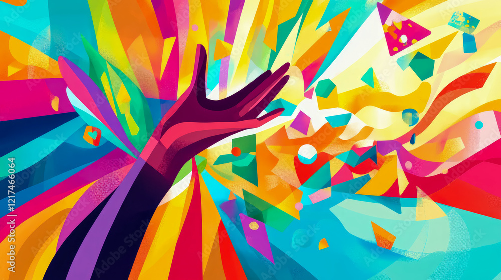 Obraz premium Reaching for Abstract Colorful Shapes: A Vibrant Hand in Motion