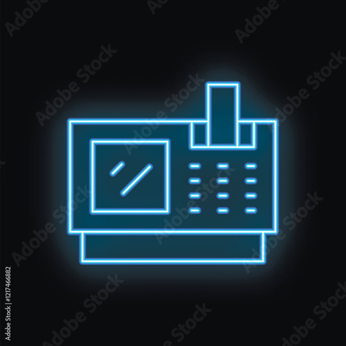 Blue glowing neon icon of a milling machine with cnc, shining on a black brick wall background