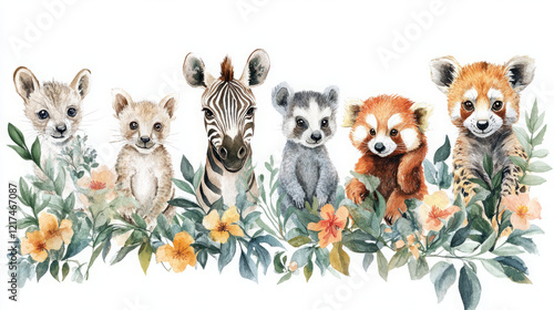 adorable watercolor nursery art featuring baby animals in floral settings with safari and jungle themes for a whimsical nursery decor photo