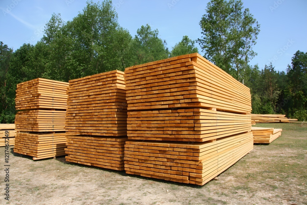 Large stacks of fresh lumber are neatly arranged in a woodyard surrounded by green trees. The bright blue sky enhances the natural beauty of the area. Large stacks of fresh lumber are neatly arranged in a woodyard surrounded by green trees. The bright blue sky enhances the natural beauty of the area.