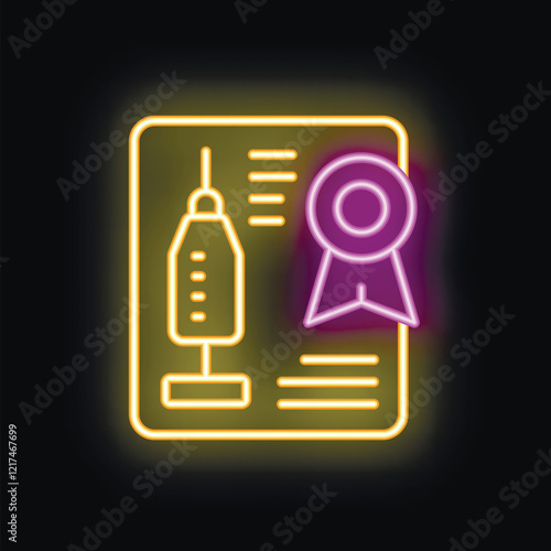 Glowing neon icon representing a medical certificate with a syringe for vaccination success