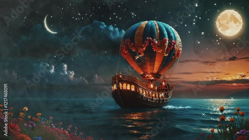 balloon ship floating in sea water.Seamless 4k time lapse virtual video animation