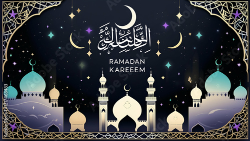 Ramadan Kareem greeting card Islamic vector design  Mosque silhouette illustration ai genrative photo