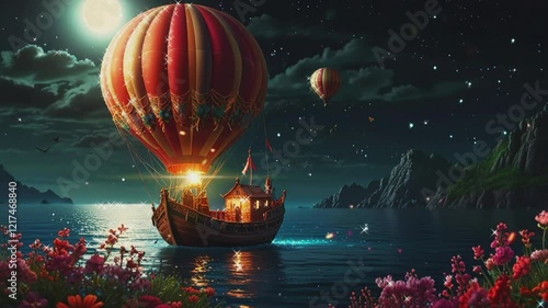 balloon ship floating in sea water.Seamless 4k time lapse virtual video animation 