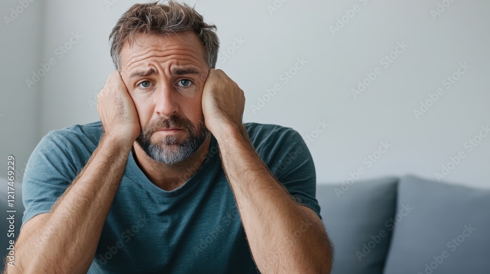 Fototapeta premium Emotional man with a beard looking distressed while sitting on a couch, expressing feelings of frustration and anxiety