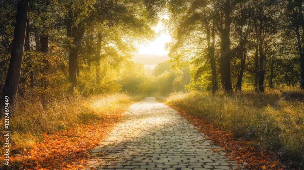 Fototapeta premium A serene pathway through a sunlit forest, adorned with autumn leaves, creating a peaceful atmosphere perfect for a tranquil stroll.