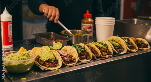 Street Taco Stand with Freshly Grilled Meats and Colorful Toppings photo