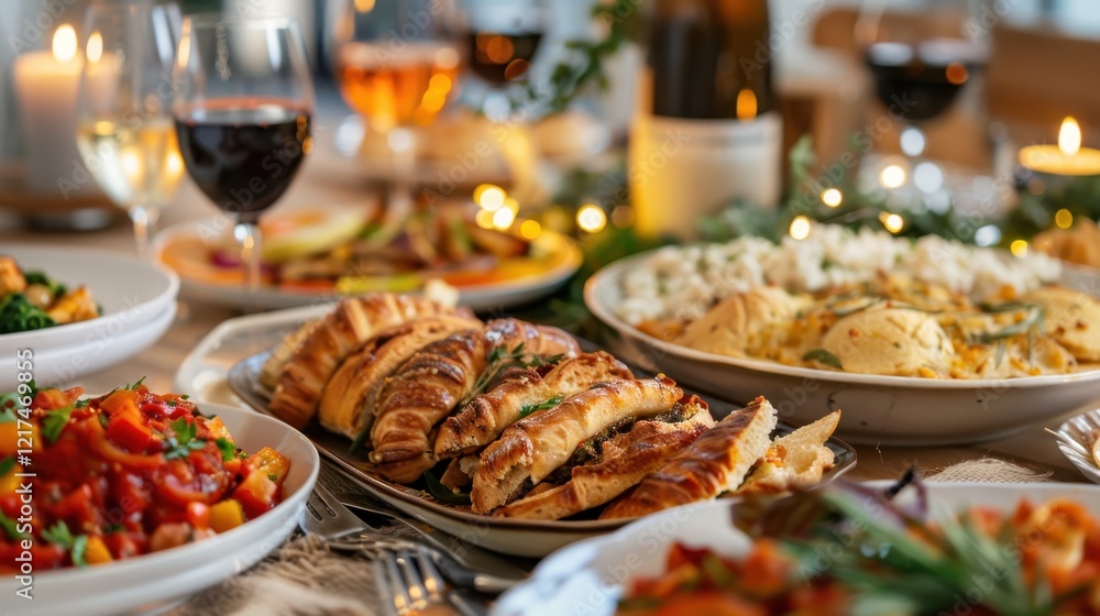 Purim Festive dinner gathering with assorted gourmet dishes and wine for special occasions Purim Festive dinner gathering with assorted gourmet dishes and wine for special occasions
