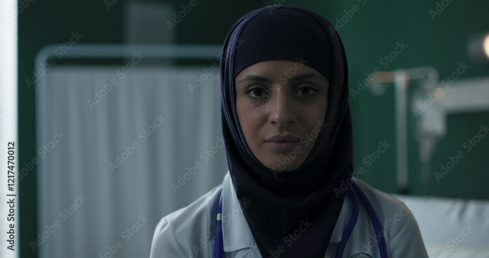 Arab woman stands in front of an empty hospital ward and looks up at the camera, showing confidence. Arab woman stands in front of an empty hospital ward and looks up at the camera, showing confidence.