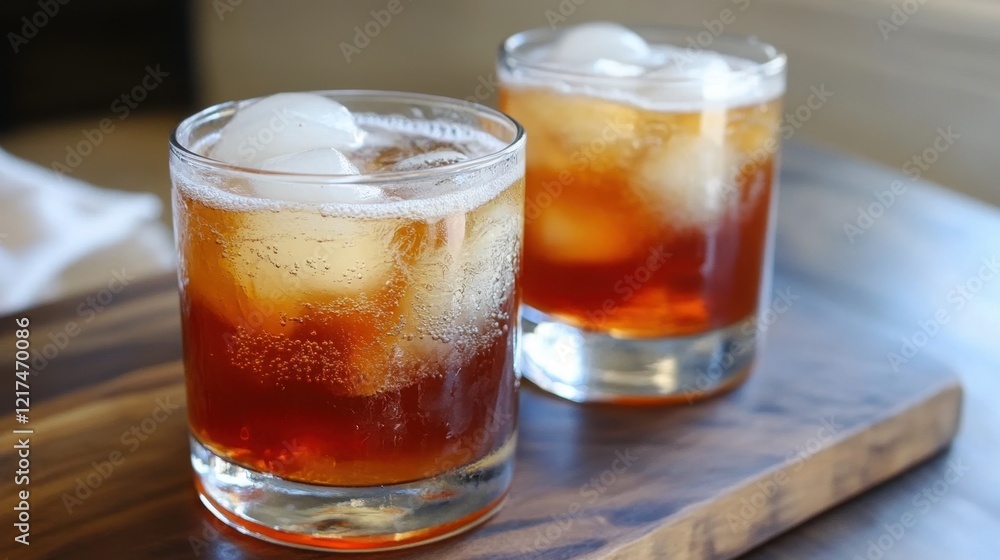 Two refreshing dark and stormy cocktails with ice on wooden table National Cocktail Day Two refreshing dark and stormy cocktails with ice on wooden table National Cocktail Day