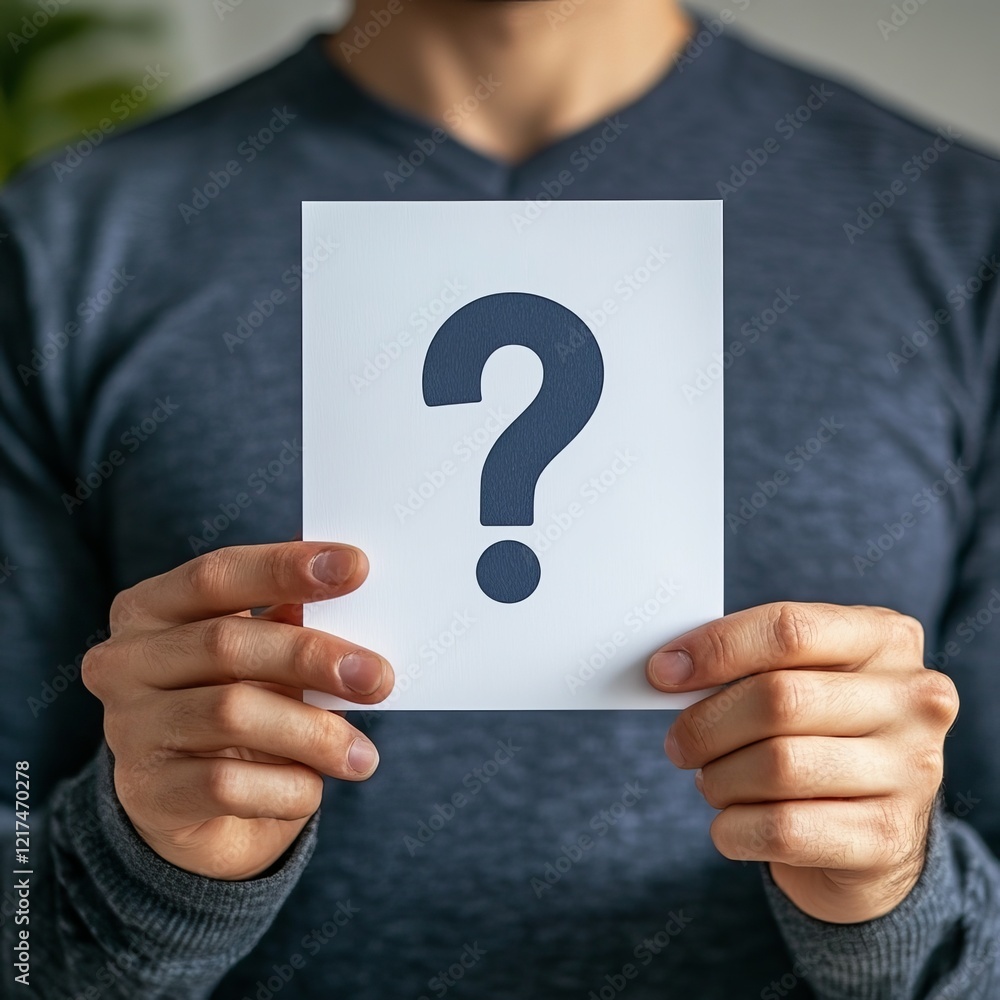 A man holding a white card with a large question mark, symbolizing inquiry and curiosity, dressed in a casual gray sweater. A man holding a white card with a large question mark, symbolizing inquiry and curiosity, dressed in a casual gray sweater.