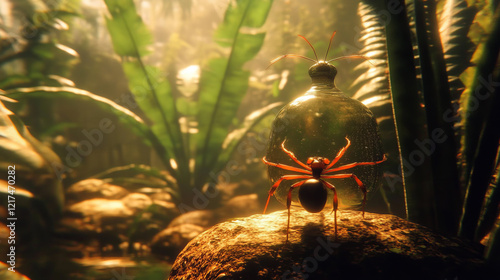 surreal fantasy ant encapsulated in giant 3D glass dome in rainforest setting with golden hour lighting and tropical habitat, digital art and macro photography photo