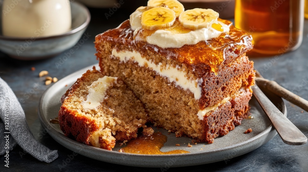 Delicious banana caramel cake with cream frosting on plate National Banana Day Delicious banana caramel cake with cream frosting on plate National Banana Day