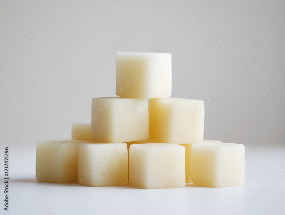 Stack of minimalist white soap bars in pyramid shape ready for use on a plain background with a subtle soft glow emphasizing the purity of the product and a simple elegant design Stack of minimalist white soap bars in pyramid shape ready for use on a plain background with a subtle soft glow emphasizing the purity of the product and a simple elegant design
