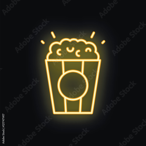 Bright yellow neon sign showing a bucket of popcorn on a black background