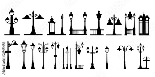 A set of street lamps isolated on white background. Cut out 
