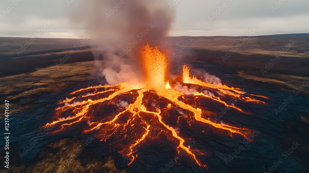 Aerial View of Volcanic Eruption Lava Flowing Aerial View of Volcanic Eruption Lava Flowing