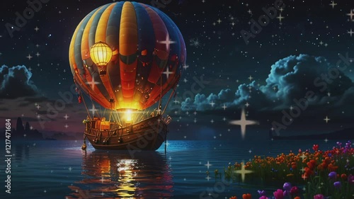 balloon ship floating in sea water.Seamless 4k time lapse virtual video animation