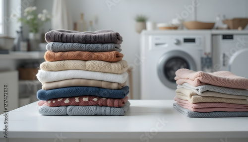 white table was adorned with neatly folded stacks of laundry, while a washing machine stood in room
