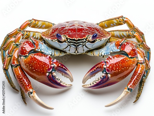 Vibrant close-up of a Sally Lightfoot crab showcasing red and orange hues on a white background