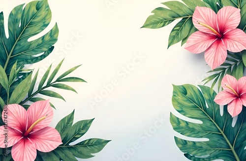 Tropical background with pink flowers, leaves and free place in tor middle for text. 