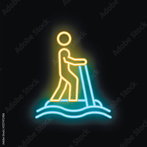 Neon sign of a person riding a water scooter on waves at night