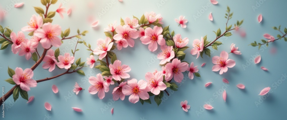 A stunning arrangement of soft pink cherry blossoms forms a beautiful wreath, set against a serene blue background. The gentle petals scattered around evoke a sense of tranquility and the fleeting A stunning arrangement of soft pink cherry blossoms forms a beautiful wreath, set against a serene blue background. The gentle petals scattered around evoke a sense of tranquility and the fleeting