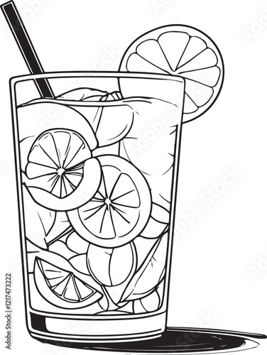 Lemonade in Glass Summer Refreshing Drink Beverage Sketch Drawing Linear Line Art Black and White Outline Vector Illustration Isolated on White