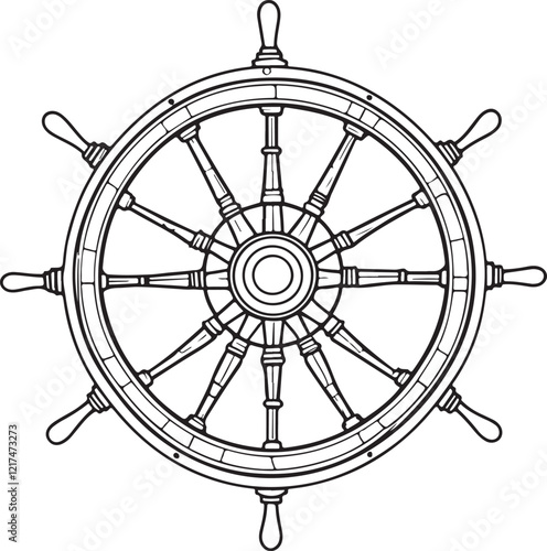 Ship Wheel Sailing Sketch Drawing Linear Line Art Black and White Outline Vector Illustration Isolated on White