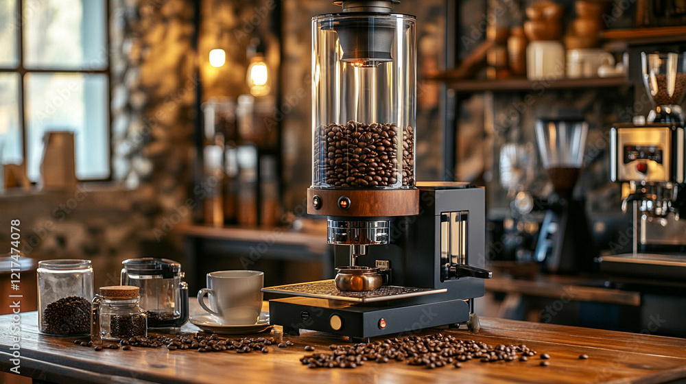 Coffee beans in grinder on wooden counter in cafe. Coffee beans in grinder on wooden counter in cafe.