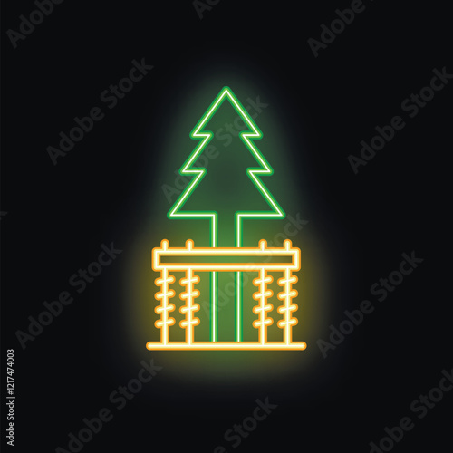 Neon sign of coniferous tree growing from cage symbolizing environmental protection