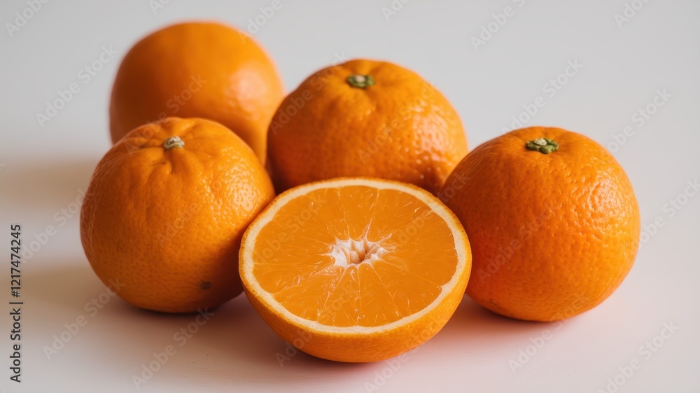 Fresh oranges arranged artistically, showcasing one sliced in half to reveal its juicy interior, vibrant color, and texture. Fresh oranges arranged artistically, showcasing one sliced in half to reveal its juicy interior, vibrant color, and texture.