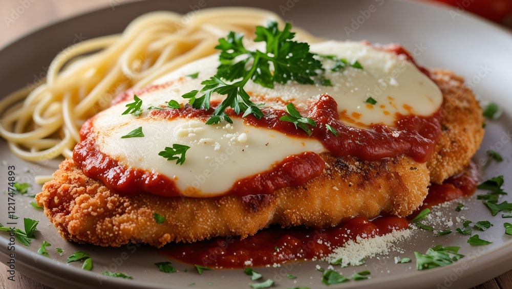Classic Chicken Parmesan with Spaghetti – Italian Cuisine, Melted Mozzarella, Tomato Sauce, Gourmet Dish Classic Chicken Parmesan with Spaghetti – Italian Cuisine, Melted Mozzarella, Tomato Sauce, Gourmet Dish