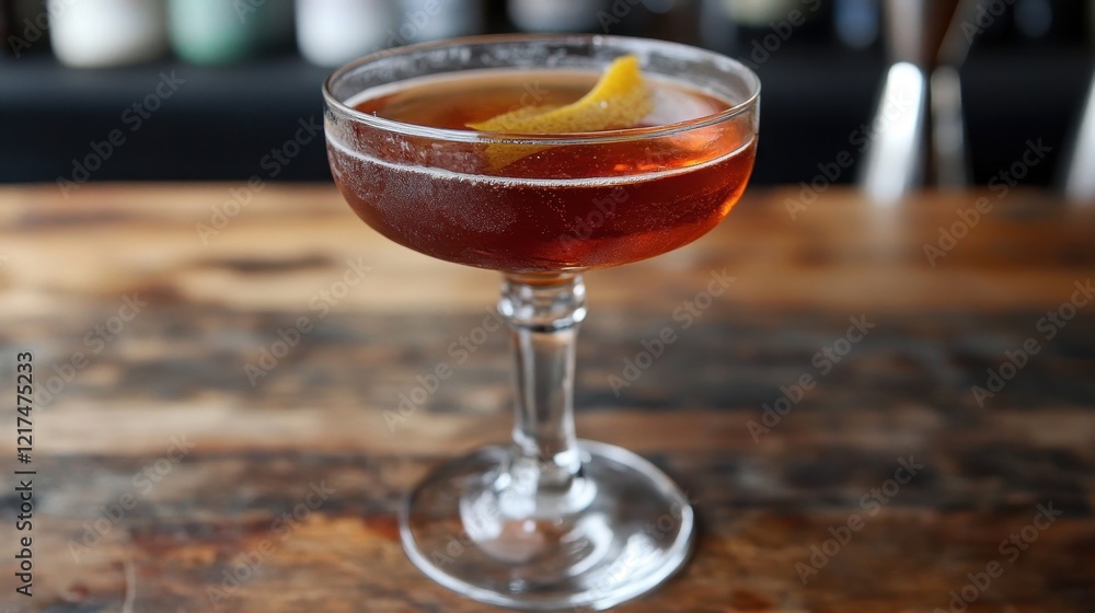 Elegant cocktail with lemon twist on rustic wooden table Elegant cocktail with lemon twist on rustic wooden table