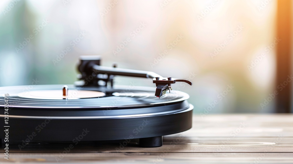 Obraz premium vintage turntable with vinyl record playing in natural light