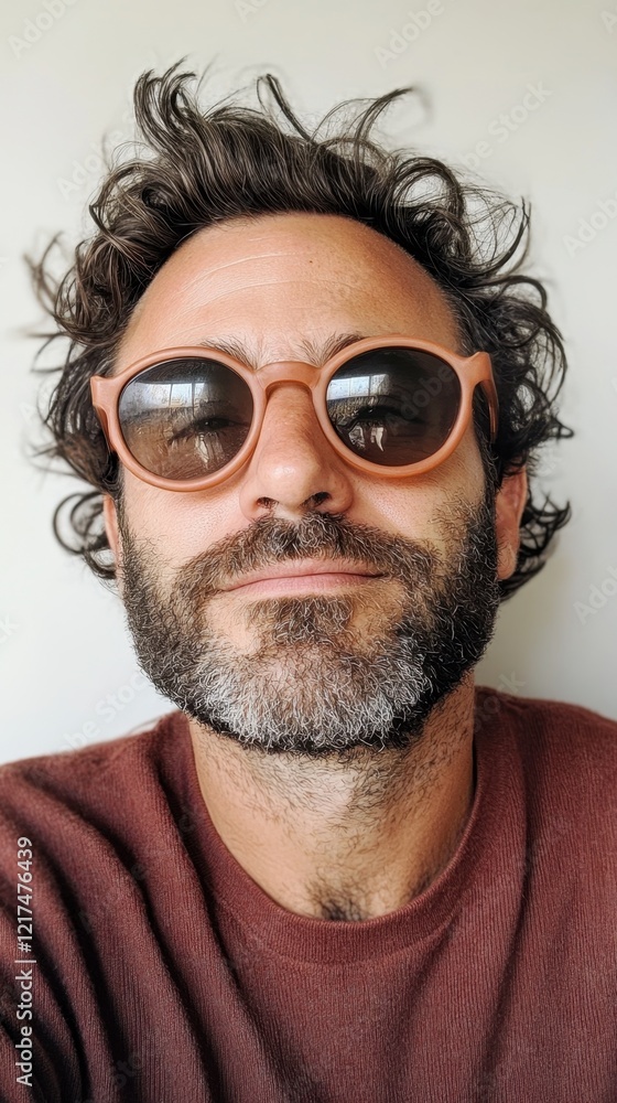 Casual young caucasian male with sunglasses and curly hair smiling confidently Casual young caucasian male with sunglasses and curly hair smiling confidently