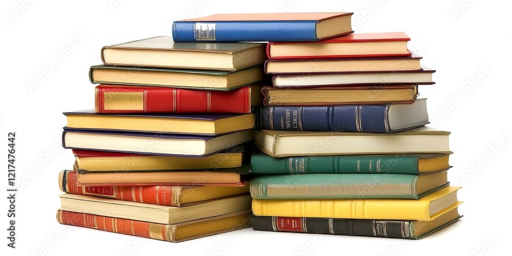 Fototapeta premium A vibrant stack of assorted books creates a lively display. Perfect for readers and students alike. Capture the joy of reading with this colorful collection. AI