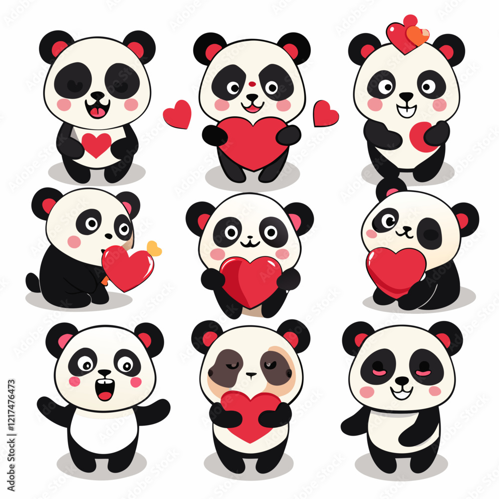Obraz premium Draw sticker printable baby panda bear happy love for valentine.