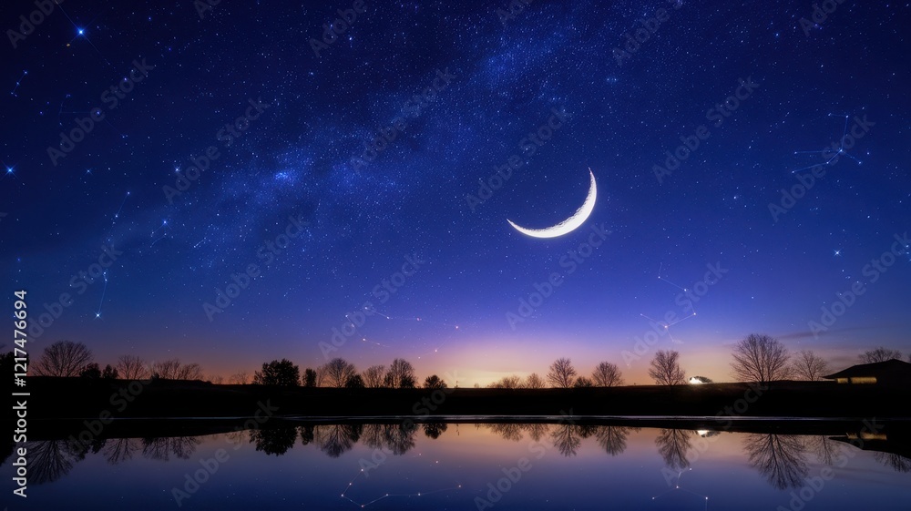 Naklejka premium A serene night sky with a crescent moon and shimmering stars reflecting on a calm lake. The scene captures tranquility and wonder in nature.