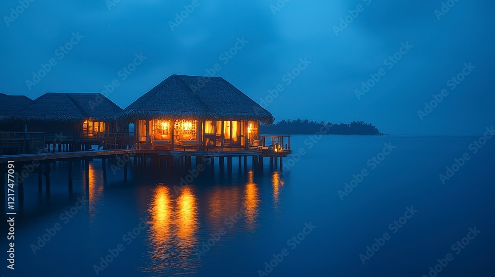 Illuminated overwater bungalow at night, reflecting lights on calm ocean. Illuminated overwater bungalow at night, reflecting lights on calm ocean.