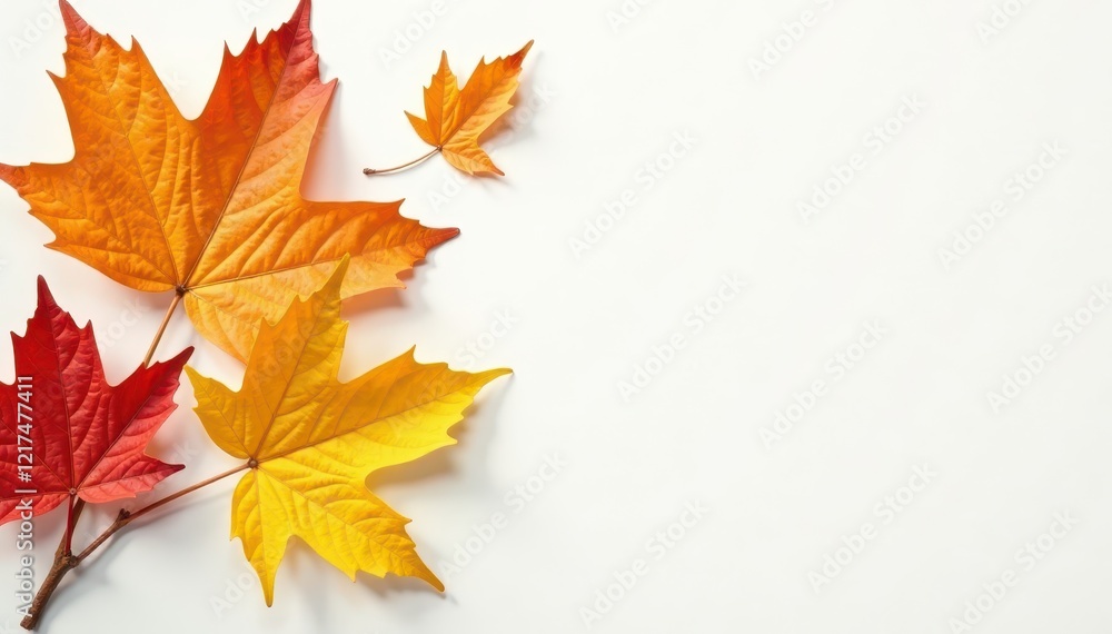 Fototapeta premium Golden autumn leaves on white, crisp studio shot, twig, gold, harvest