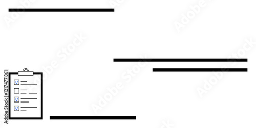 Clipboard with three checkboxes ticked and parallel black horizontal lines. Ideal for productivity, task planning, workflow organization, goal setting, minimal design concepts, conceptual thinking