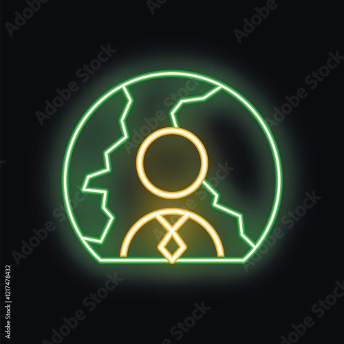 Neon sign illuminating a businessman inside a broken gear, representing the challenges and limitations faced in a corporate environment