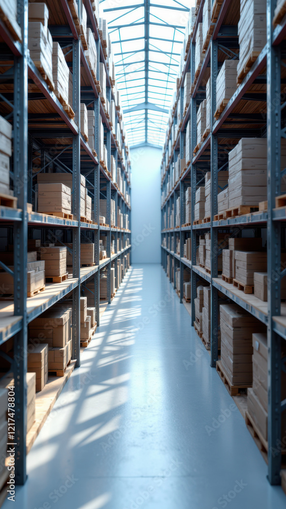 A large industrial warehouse with tall metal shelving units filled with cardboard boxes. A large industrial warehouse with tall metal shelving units filled with cardboard boxes.