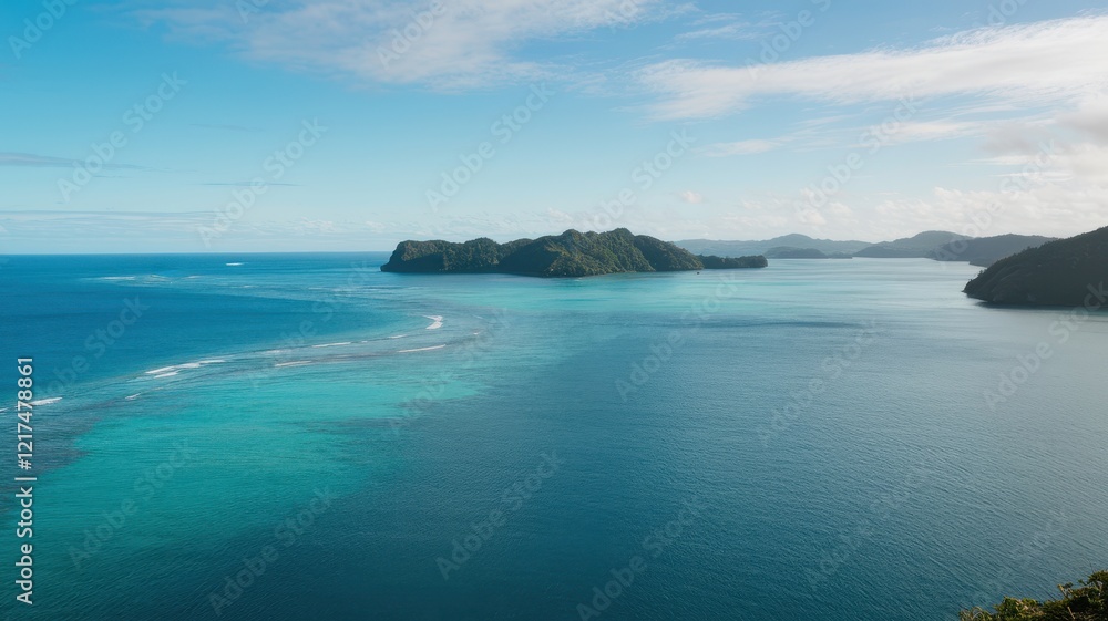 A serene view of a tropical island surrounded by vibrant turquoise waters and gentle waves under a clear blue sky. A serene view of a tropical island surrounded by vibrant turquoise waters and gentle waves under a clear blue sky.