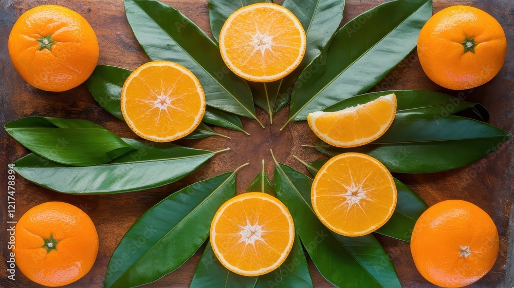 A vibrant arrangement of whole and sliced oranges surrounded by green leaves, showcasing a fresh and natural aesthetic. A vibrant arrangement of whole and sliced oranges surrounded by green leaves, showcasing a fresh and natural aesthetic.