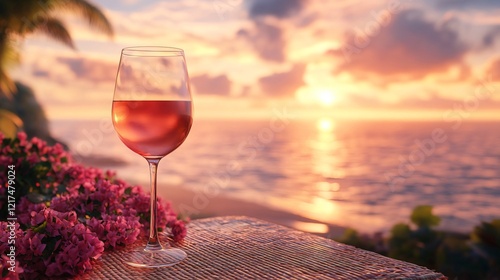 A glass of rose wine on a patio table at the sunset