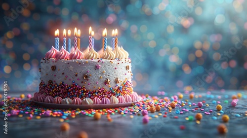 A delicious cake garnished with colorful sprinkles adorned with small candles on blue background