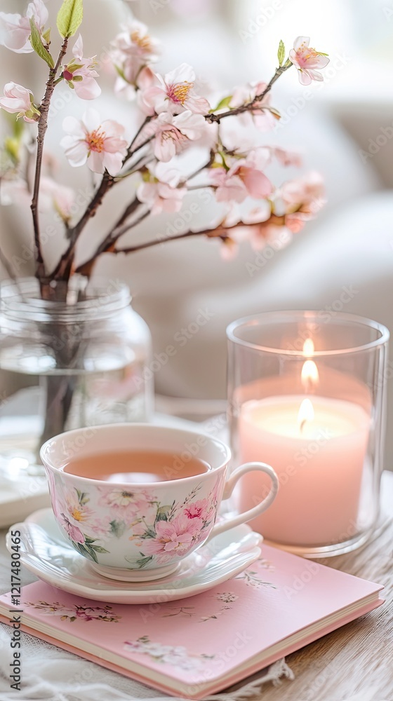 Serene Spring Tea Time with Soft Pink Flowers and Candle Light Serene Spring Tea Time with Soft Pink Flowers and Candle Light