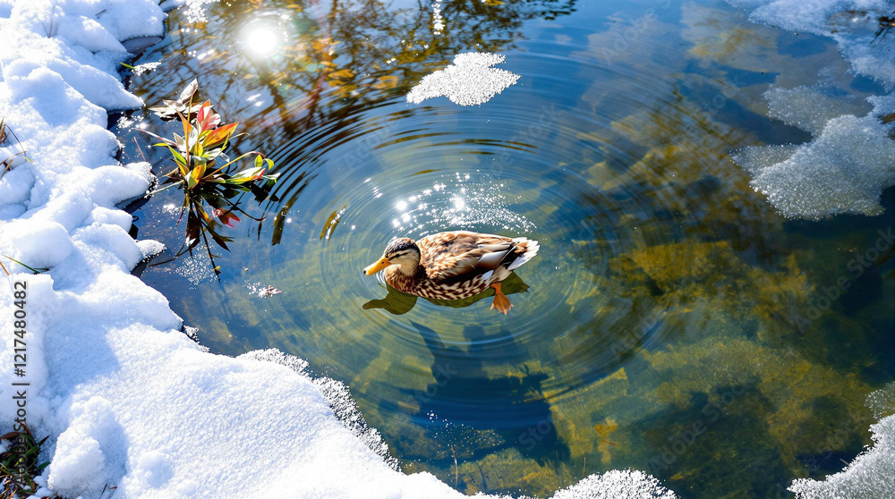 Fototapeta premium Thawing snow duck swimming in pond, serene winter morning